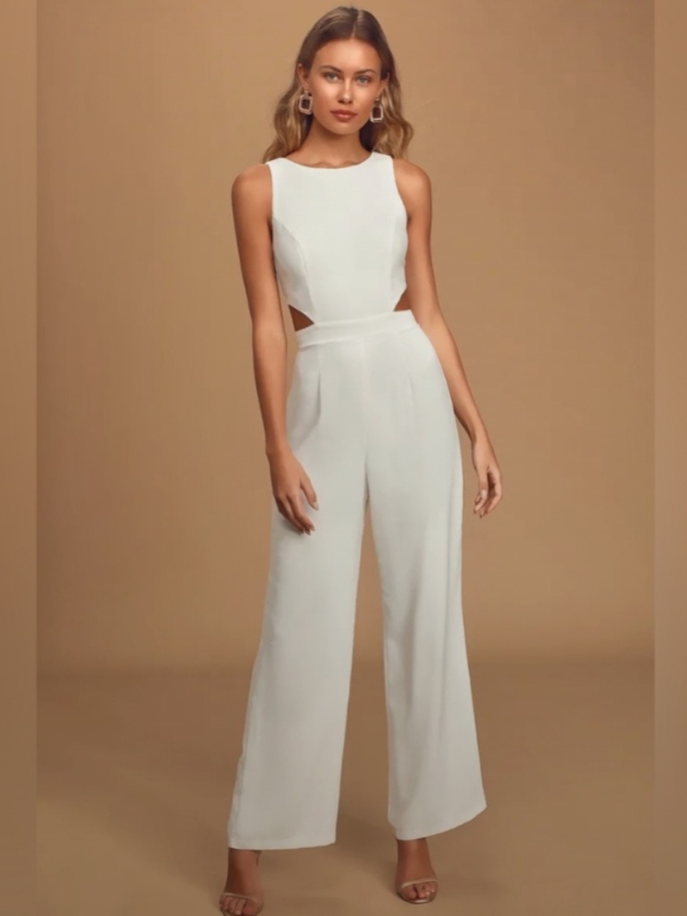 Size XS Lulu's White Sleeveless Cutout Wide-Leg Jumpsuit